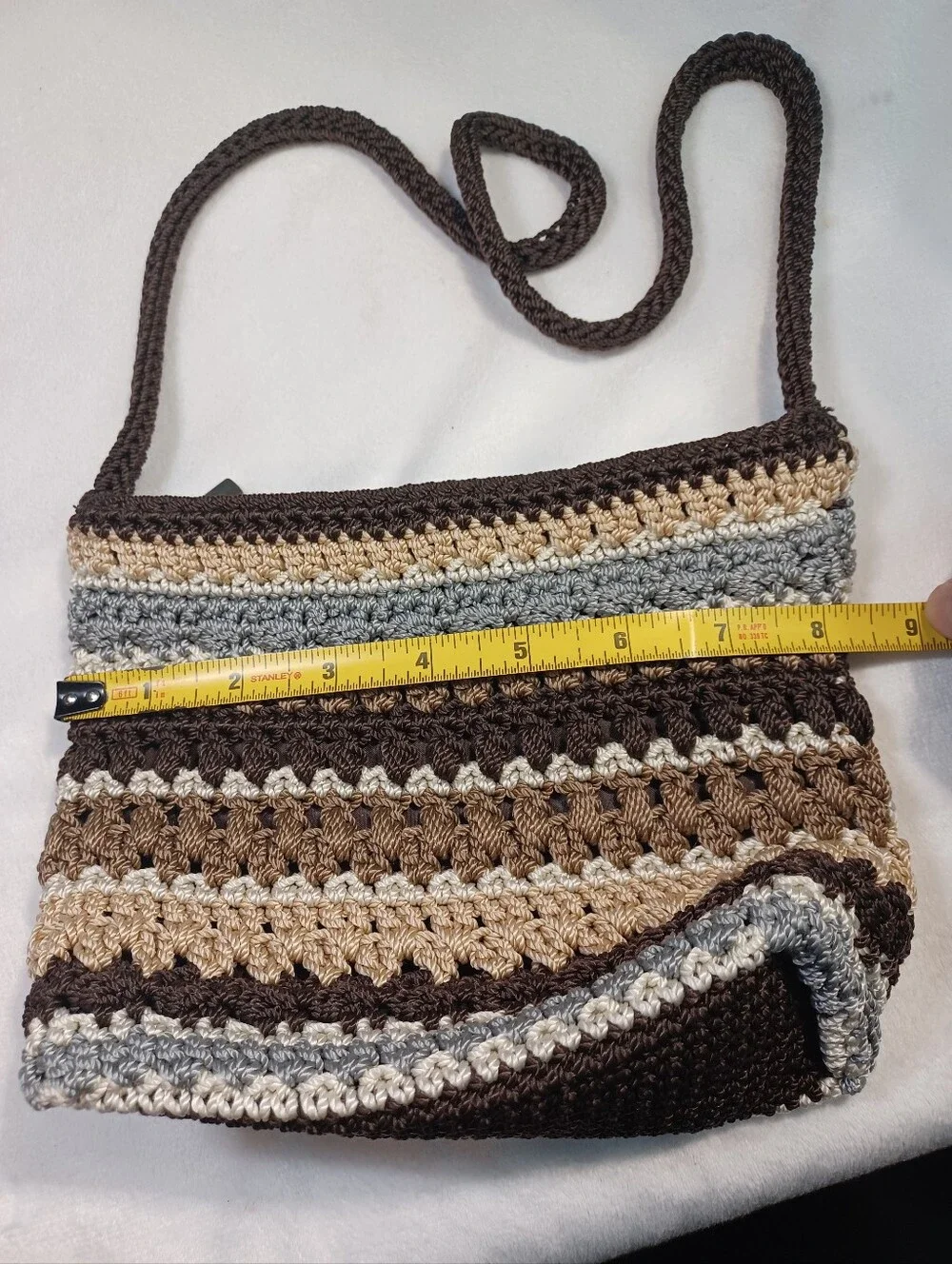 the sak striped crochet knit crossbody shoulder bag brown blue neutral zip